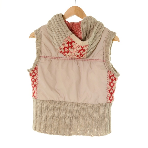 Free People Contrasting Fair Isle Knit Hooded Tan Red Puffer Vest Womens S Cozy - Picture 2 of 4